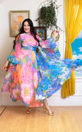 1960s 1970s Incredible Floral Chiffon Angel Sleeve Maxi Dress | small