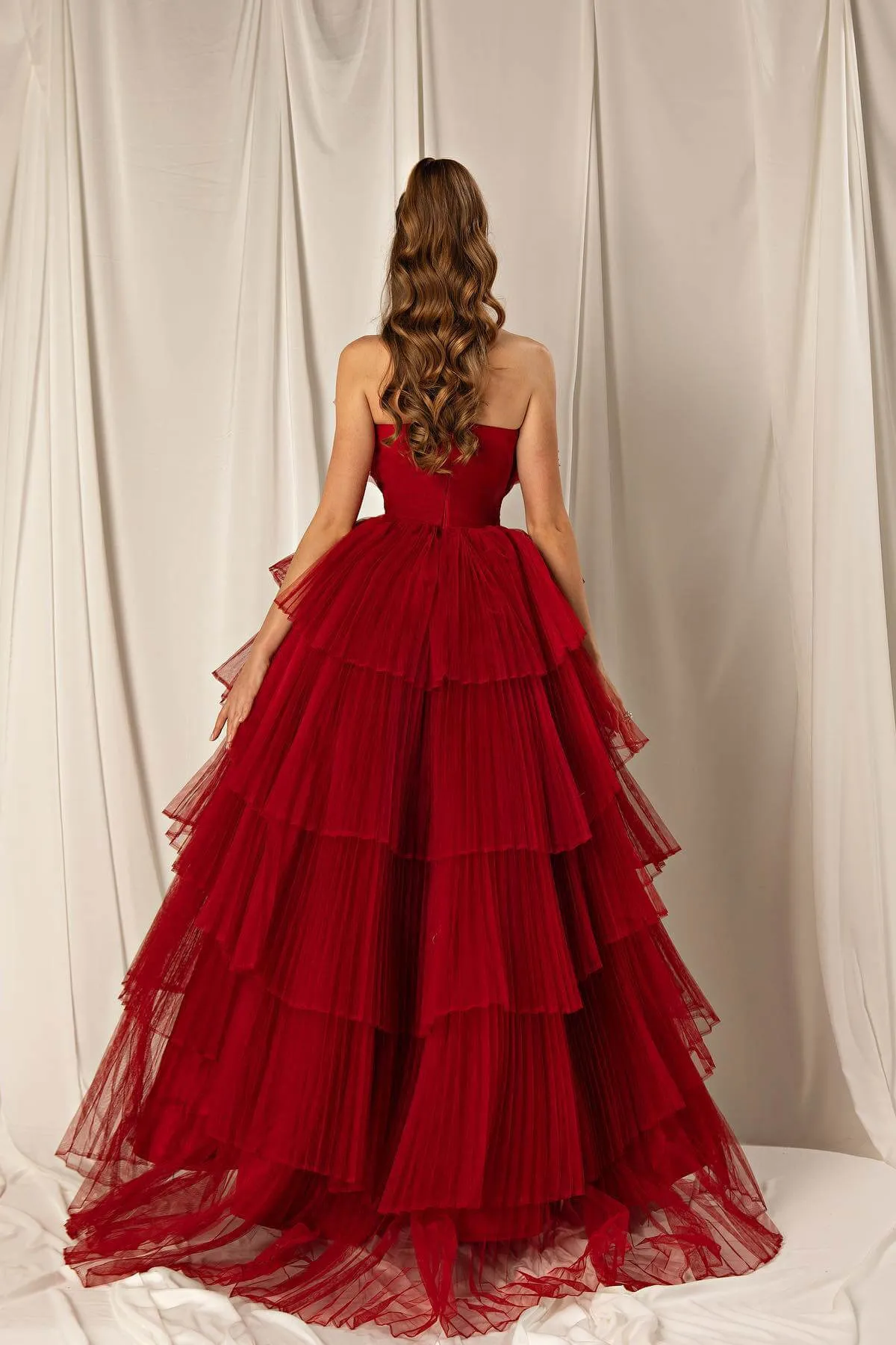 Burgundy Long A-line Strapless Sleeveless Tulle Prom Dresses with Layers