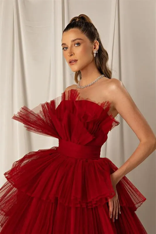 Burgundy Long A-line Strapless Sleeveless Tulle Prom Dresses with Layers