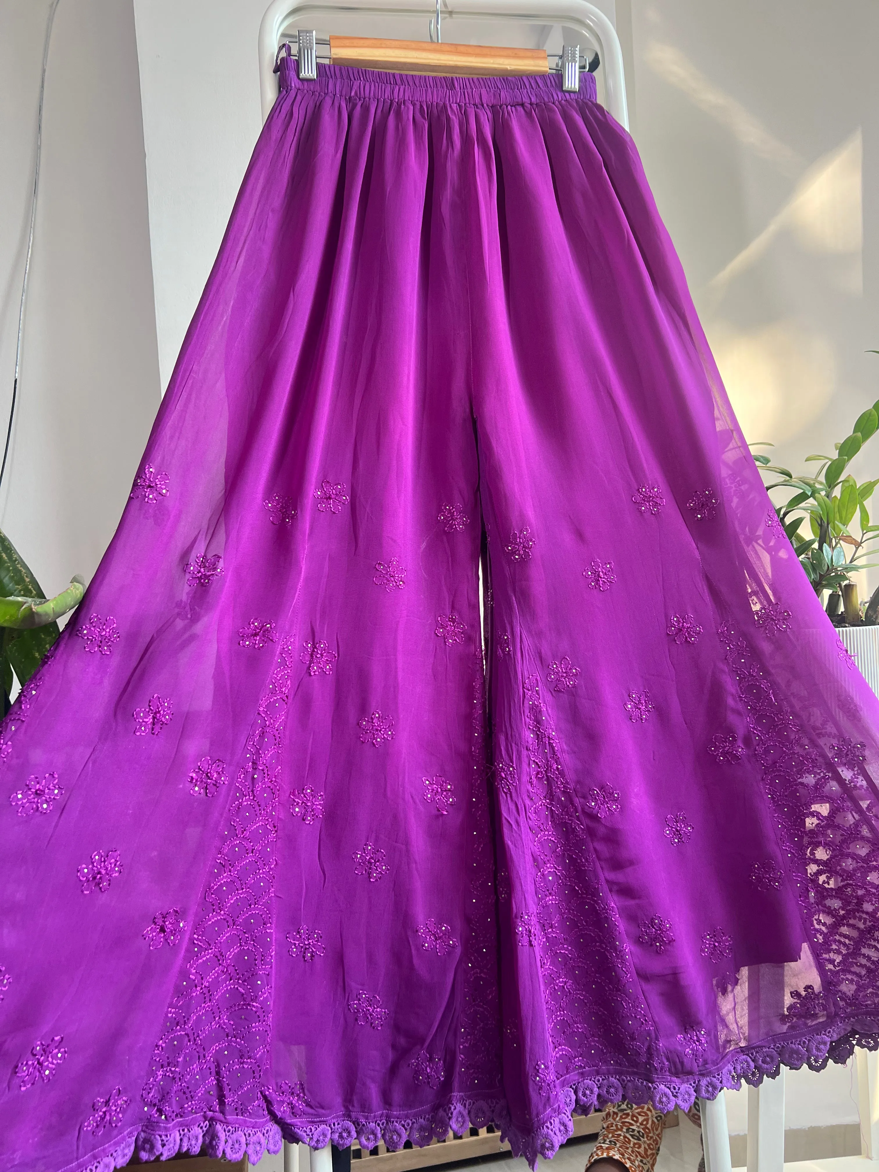 Chikankari Plazzo with mukaish - Flare -  Purple