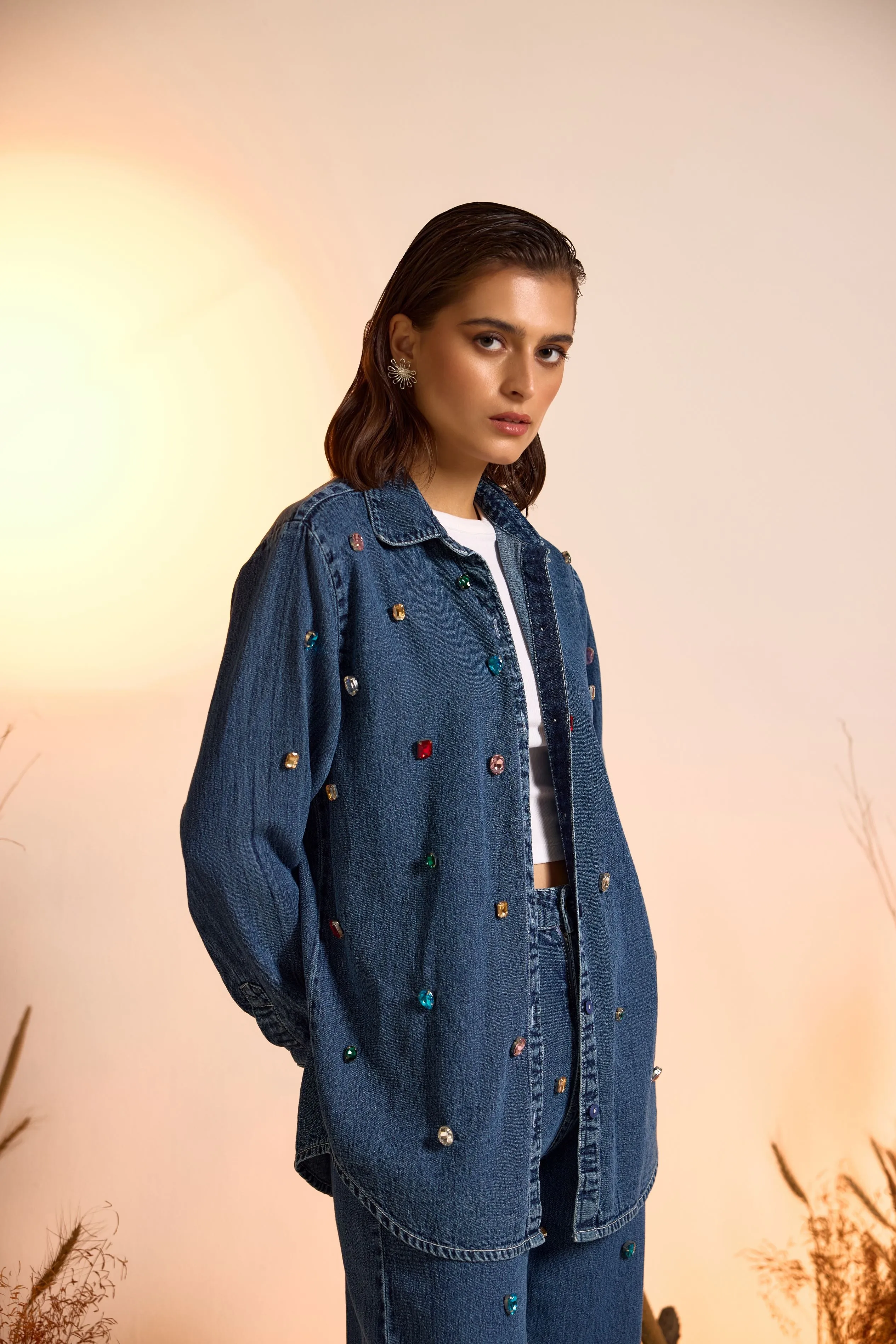 Crystal Studded Denim Shirt & Jeans Set