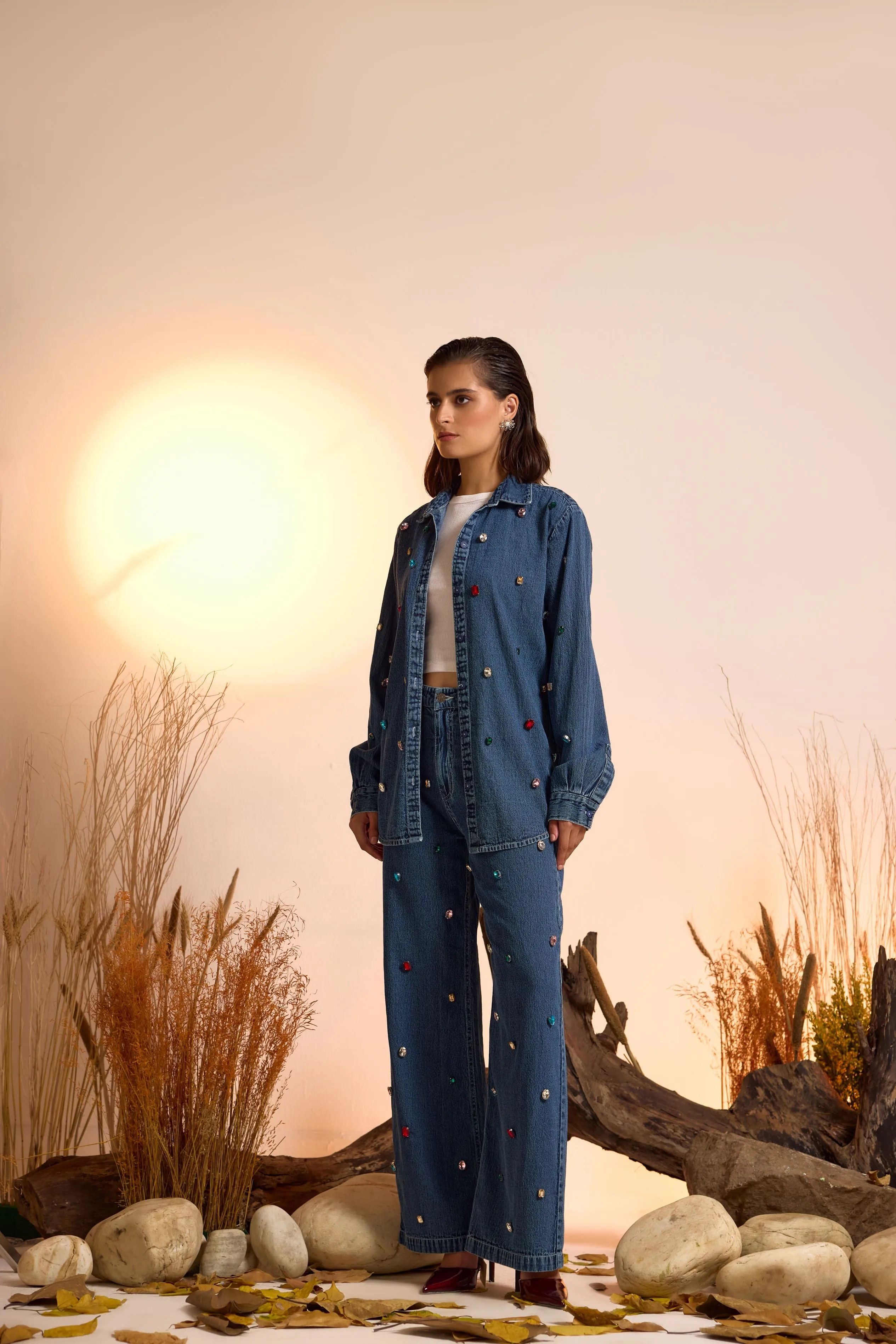 Crystal Studded Denim Shirt & Jeans Set