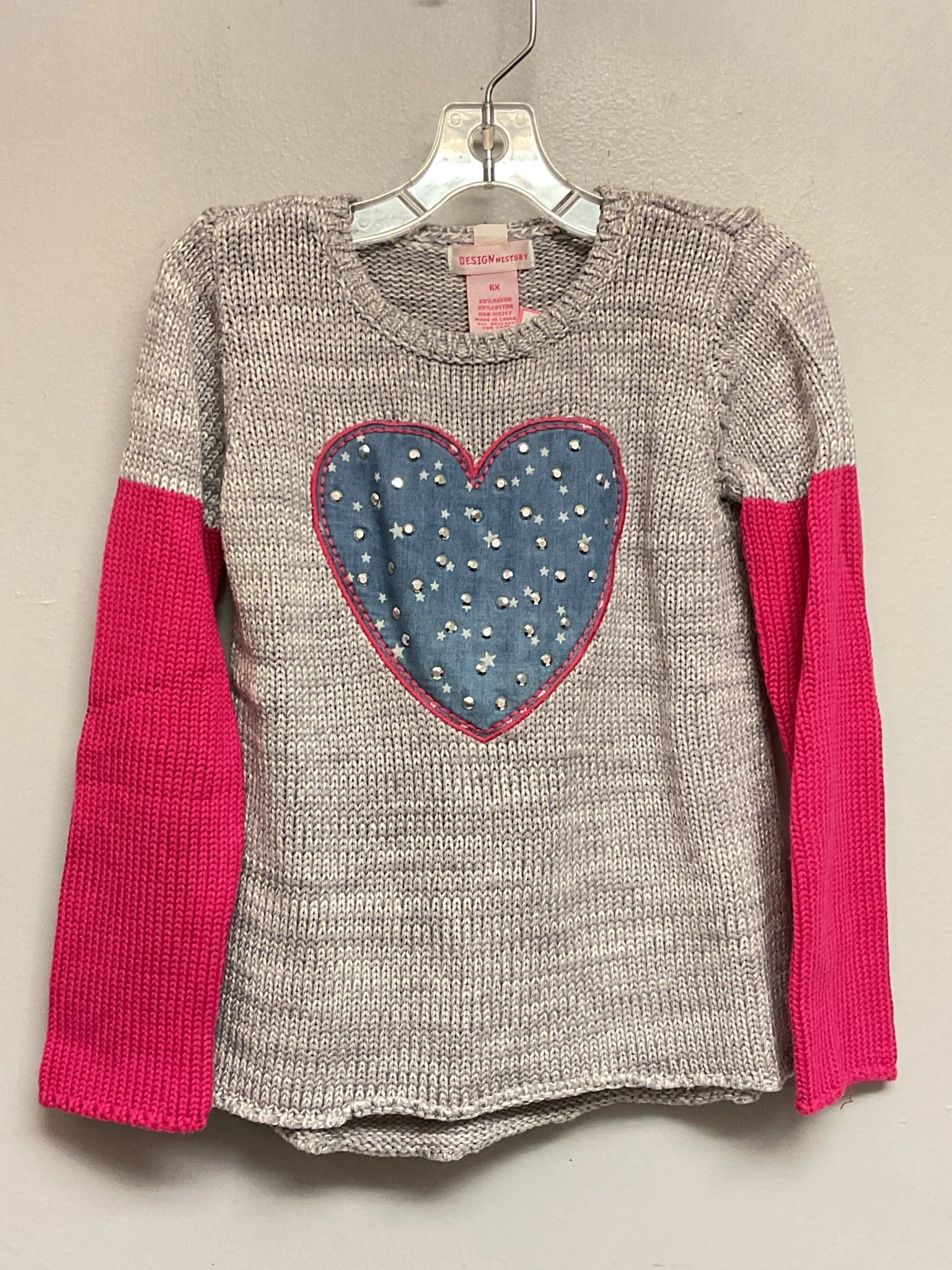 Design History Size 6 Gray & Pink Heart Rayon Blend Girls Sweaters & Vests