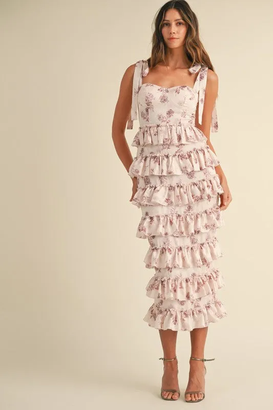 FLORAL PRINT RUFFLE TIERED BUSTIER MIDI DRESS