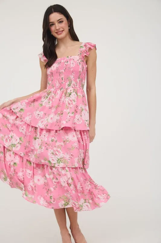 FLORAL TIERED MIDI DRESS