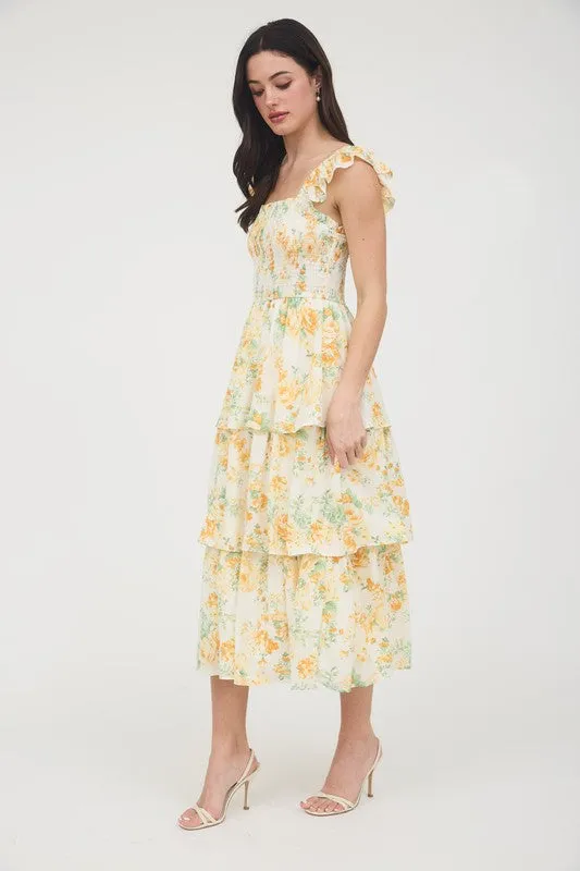 FLORAL TIERED MIDI DRESS