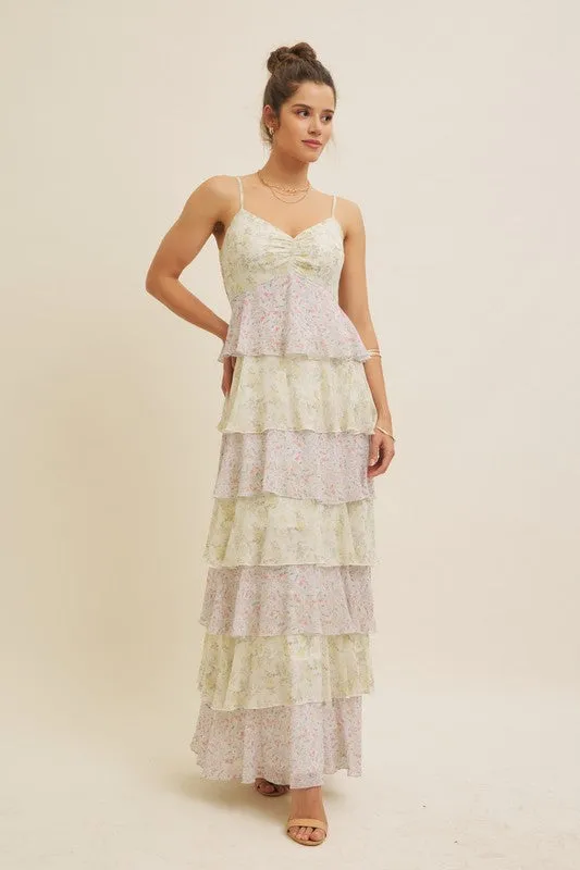 FLORAL TIERED RUFFLE MAXI DRESS WITH SMOCKED BACK