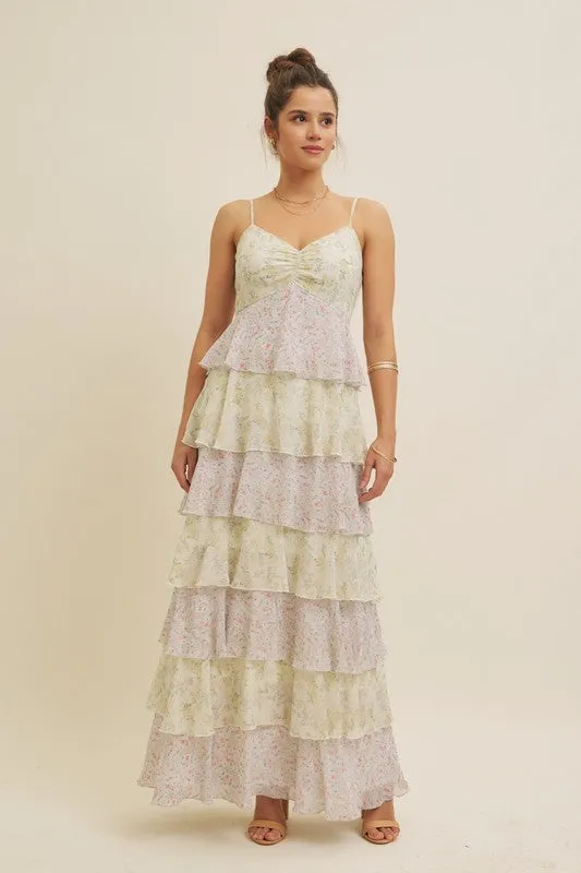 FLORAL TIERED RUFFLE MAXI DRESS WITH SMOCKED BACK