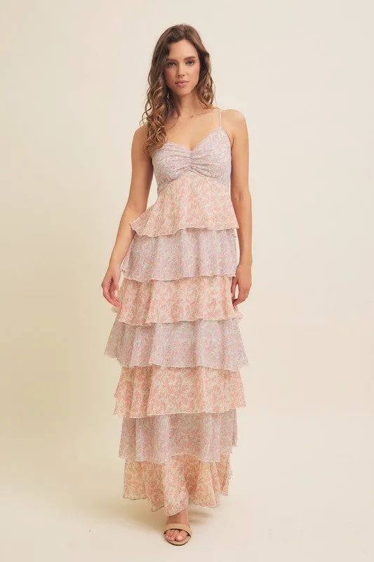 FLORAL TIERED RUFFLE MAXI DRESS WITH SMOCKED BACK