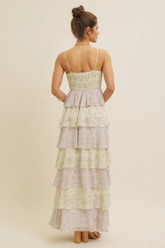 FLORAL TIERED RUFFLE MAXI DRESS WITH SMOCKED BACK