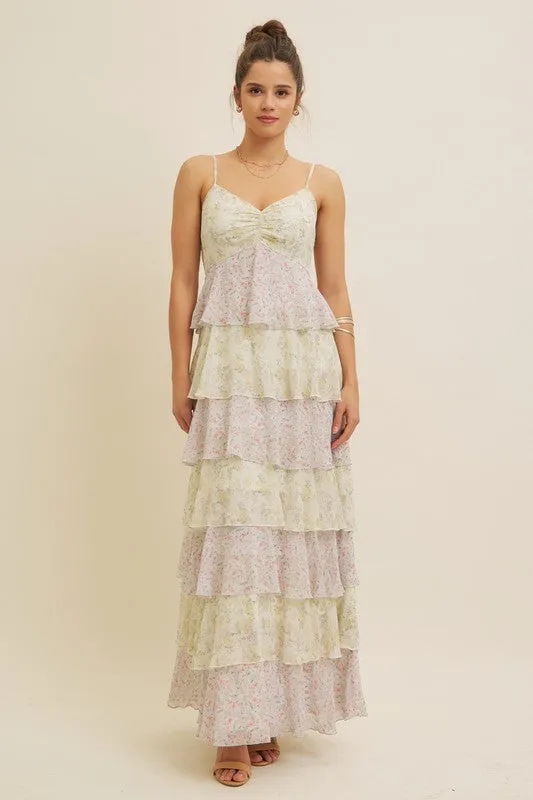 FLORAL TIERED RUFFLE MAXI DRESS WITH SMOCKED BACK