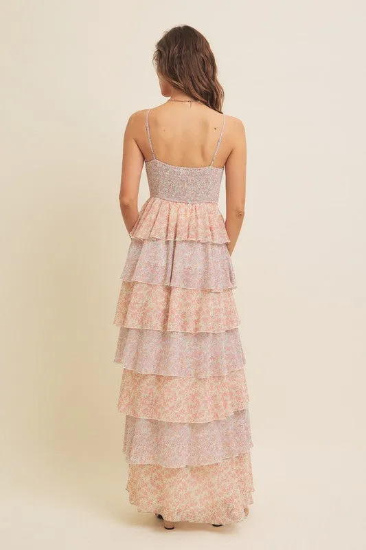 FLORAL TIERED RUFFLE MAXI DRESS WITH SMOCKED BACK