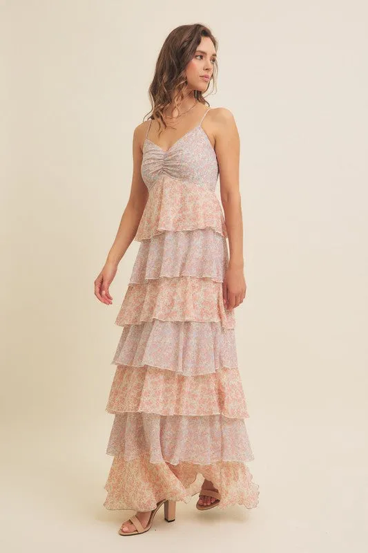 FLORAL TIERED RUFFLE MAXI DRESS WITH SMOCKED BACK