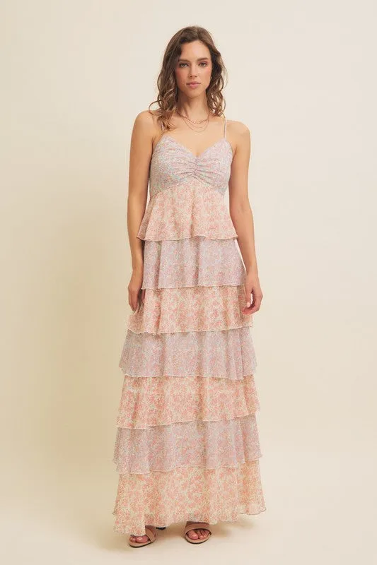 FLORAL TIERED RUFFLE MAXI DRESS WITH SMOCKED BACK