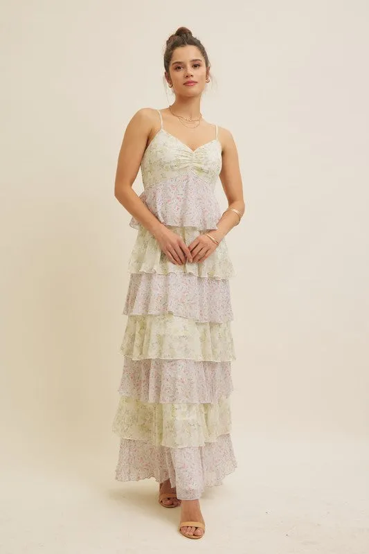 FLORAL TIERED RUFFLE MAXI DRESS WITH SMOCKED BACK