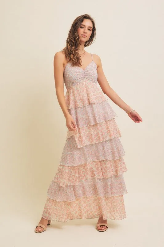 FLORAL TIERED RUFFLE MAXI DRESS WITH SMOCKED BACK
