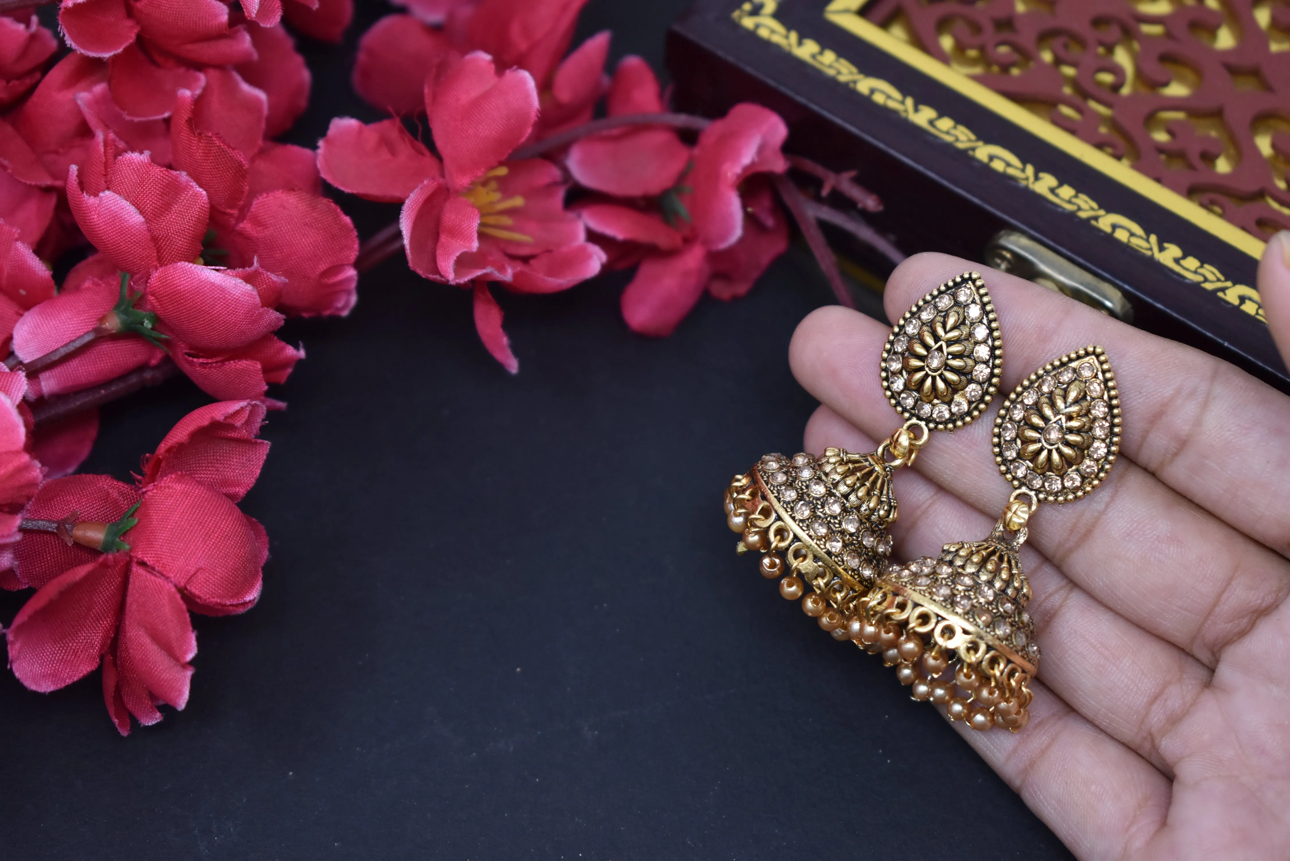 Gold-Plated Jhumka Earrings: Oxidized Women's Delight