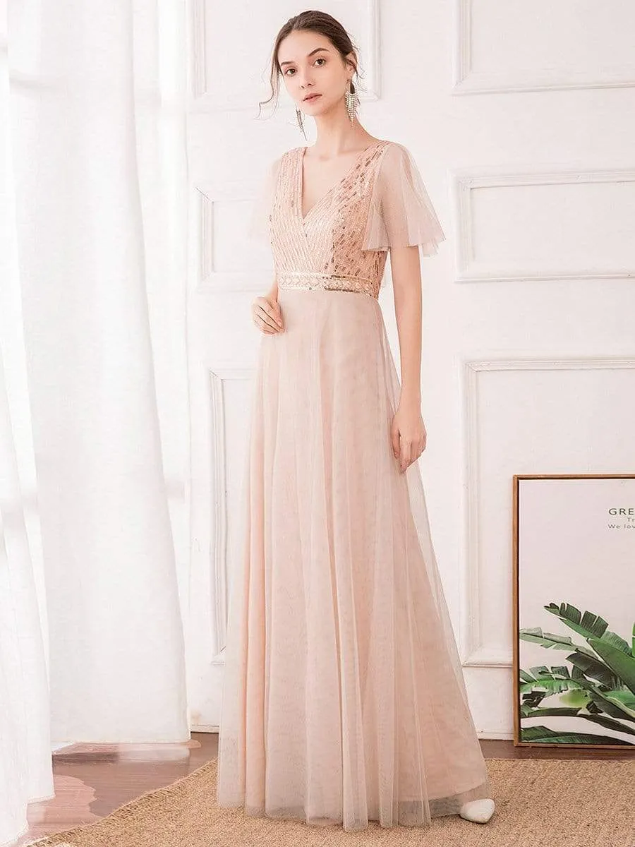 Maxi Long V-neck Tulle Bridesmaid Dress with Sequin Stripes