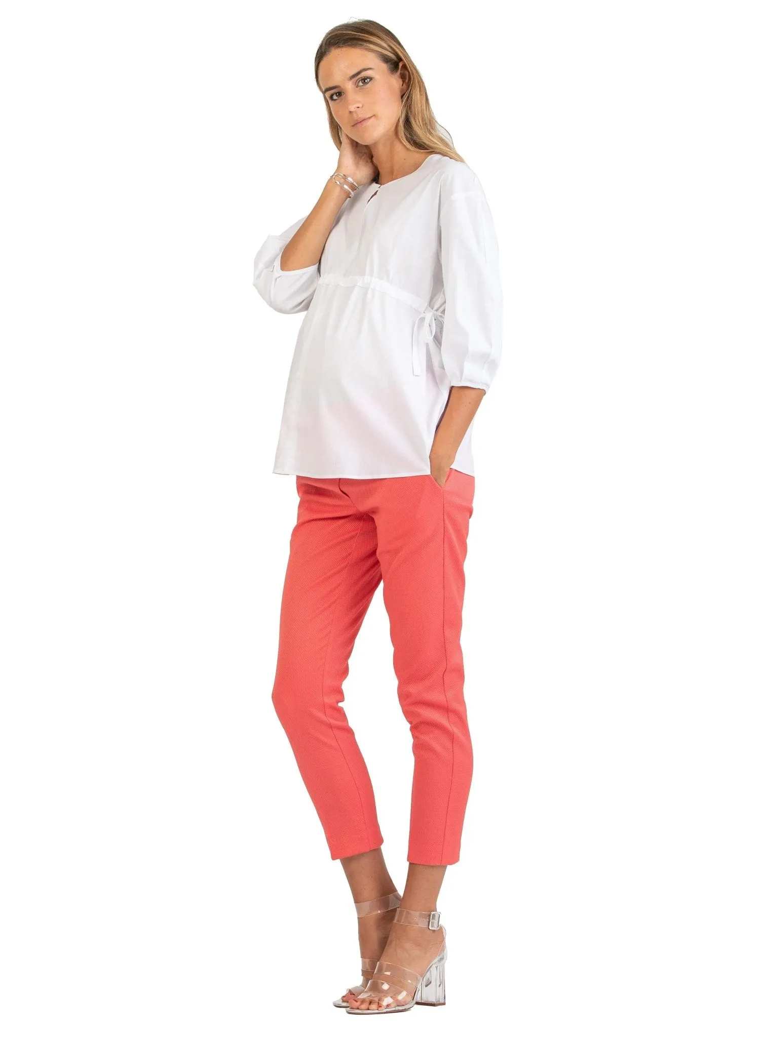 Tailored Maternity Trousers in Pique - Coral